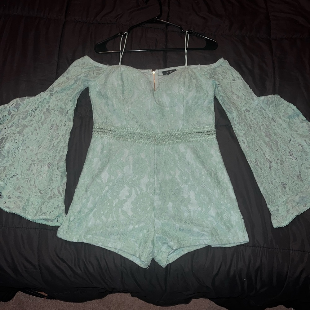 Entry Mint Lace Off-Shoulder Romper